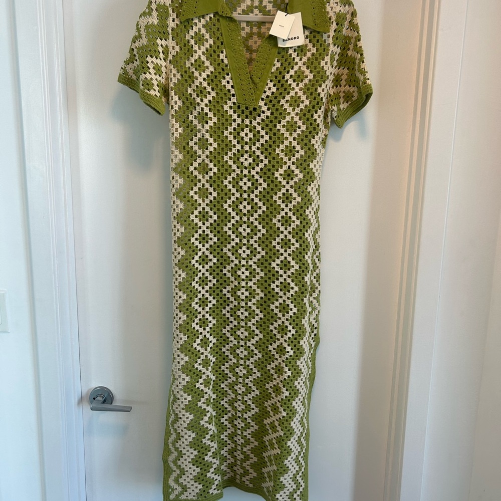 Sandro Olive and Cream Geometric Midi Dress. / NWT